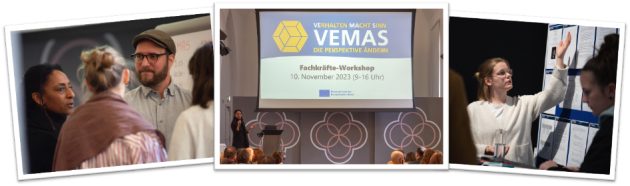 Drei Bilder vom VEMAS Team, welches in Belgien auf einer Tagung seine Ergebnisse Präsentiert
