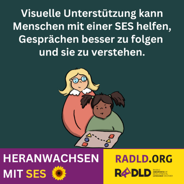 Visuelle Unteratützung kann Menschen mit einer Sprachentwicklungsstörung helfen, Gesprächen besser zu folgen und sie zu verstehen. Heranwachsen mit einer SES. RADLD.ORG