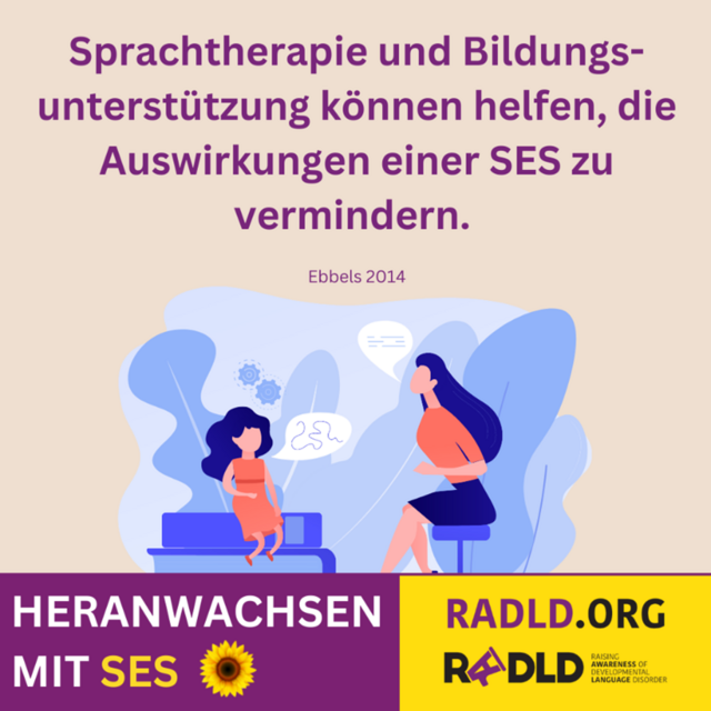 Sprachtherapie und Bildungsunterstützung können helfen, die Auswirkunge einer SES zu vermindern (Ebbels 2014). Heranwachsen mit SES. RADLD.ORG 